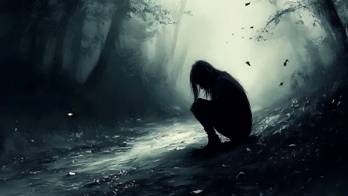 Solitary figure crouches in misty forest path at dawn