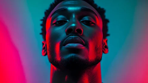 Portrait uses opposing cyan and magenta side lighting on face