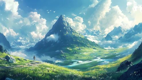 Solitary figure walks through vast sunlit alpine valley