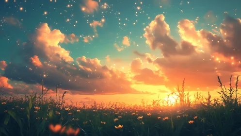 Sunset illuminates a flower field beneath cloud and light points