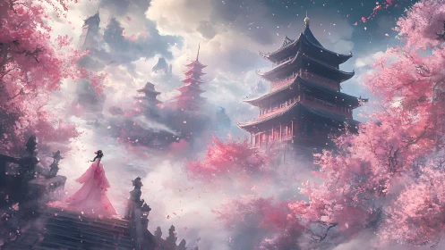 Pink cherry blossoms frame misty pagodas and lone figure.