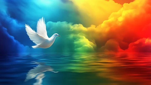 Dove of light glides above rainbow oceans and stormy dreams.