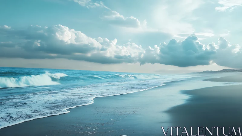 Low-angle coastal panorama captures turquoise surf under stratocumulus