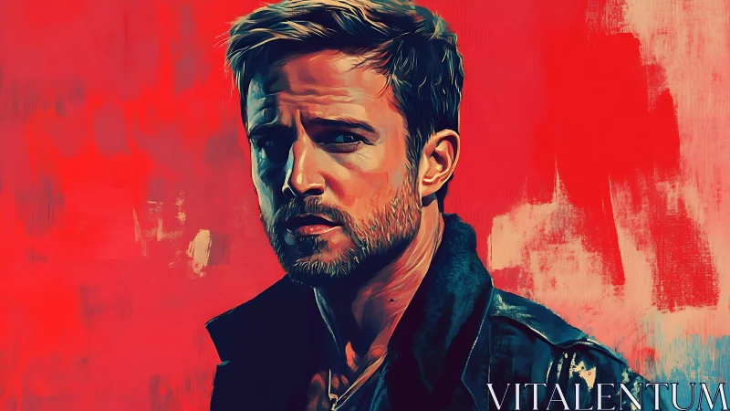 Moody male portrait in bold red digital brushwork style.