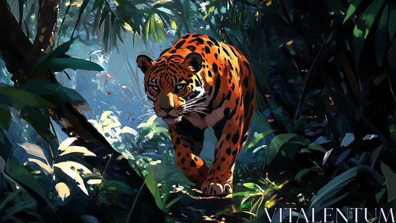 Jaguar traverses dense tropical vegetation with dappled sunlight