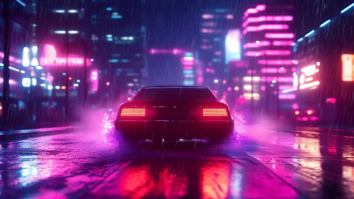 Neon sports car speeds through a rainy cyberpunk city night