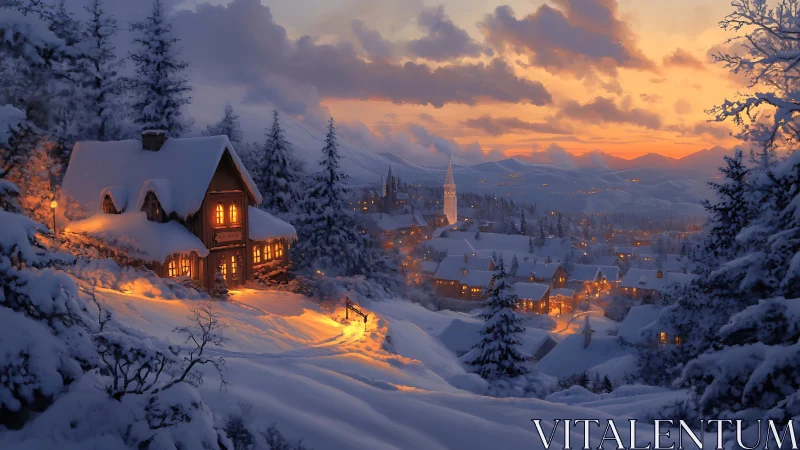 Snowy hillside village at sunset with warm cabin lights.