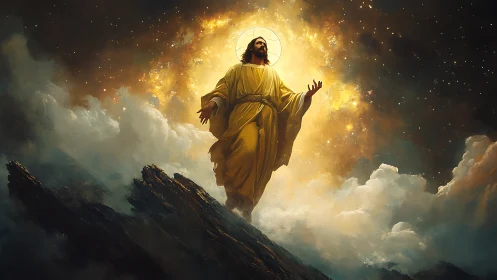 Luminous robed figure rises through storm-lit cosmic clouds