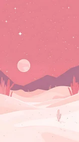 Pink stylized desert landscape shows moonlit dunes and stars