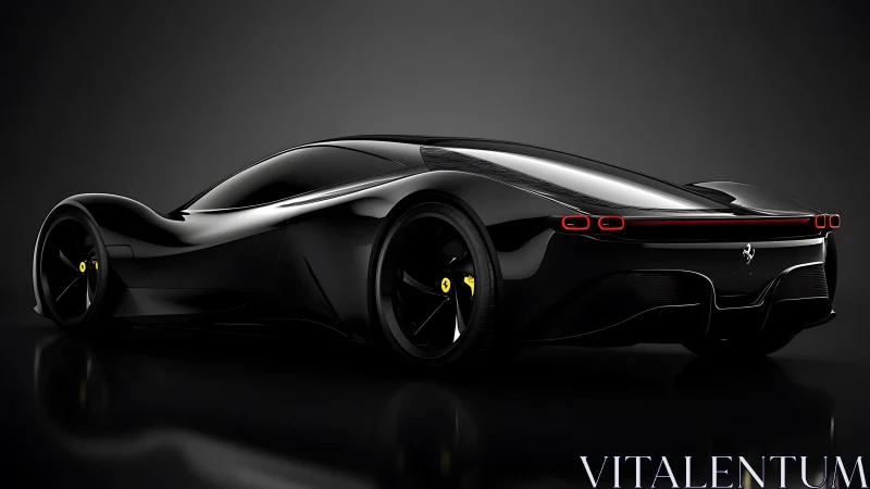 Sculpted black supercar glides through a glossy studio scene.