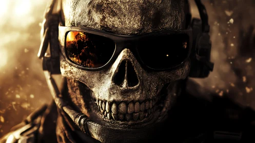 Armored skull soldier stares through burning mirrored shades.