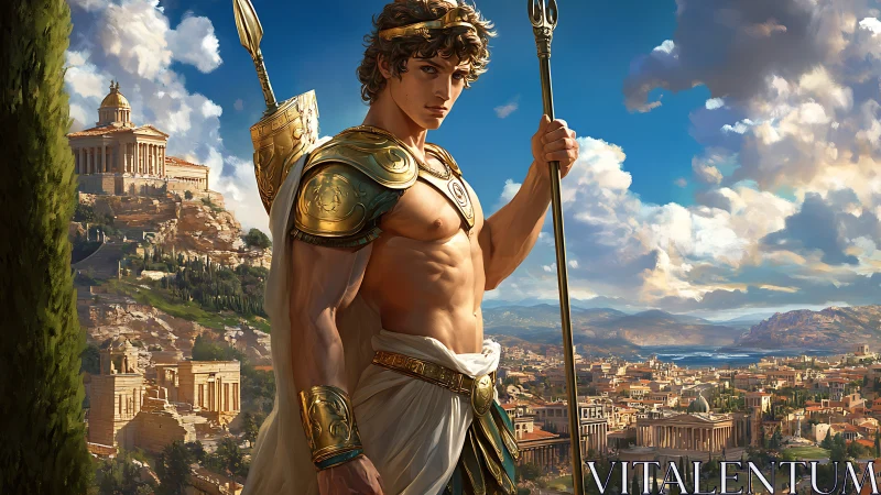 Heroic Greek warrior overlooking grand ancient cityscape.