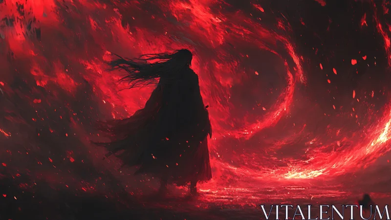 Wanderer in the crimson storm of swirling firelight.