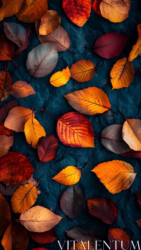 Autumn leaves ignite over deep teal stone riverbed canvas.