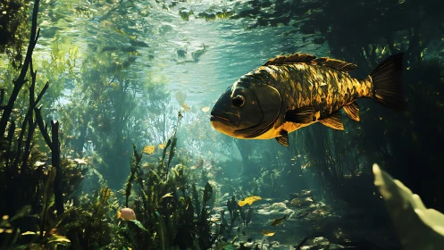 Sunlit freshwater fish glides through dense aquatic vegetation
