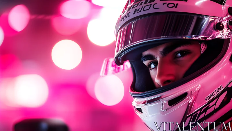 Racer’s quiet focus under neon pink race night lights.