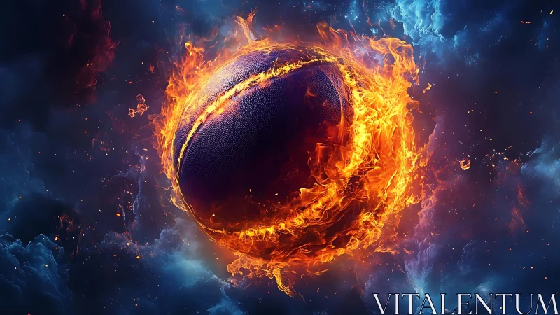 Cosmic fireball basketball ignites across a stormy nebula sky.