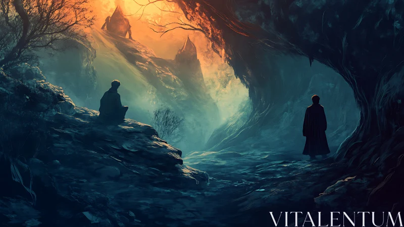 Bifurcated cavern path with cloaked figures in dusk light