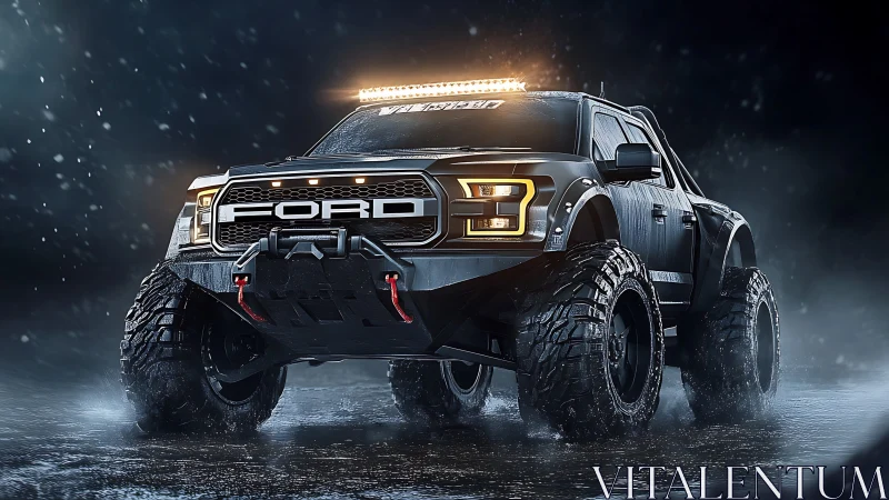 Storm-born off-road titan roars through neon night rainstorm.