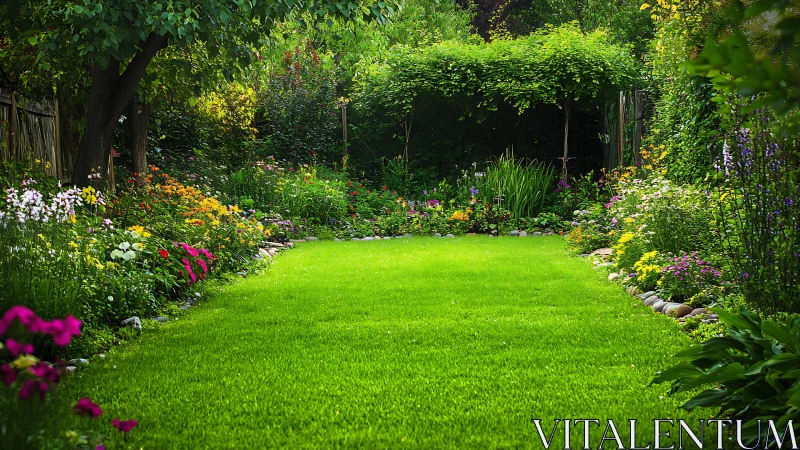 Sunlit garden lawn opens onto a lush flower-filled retreat