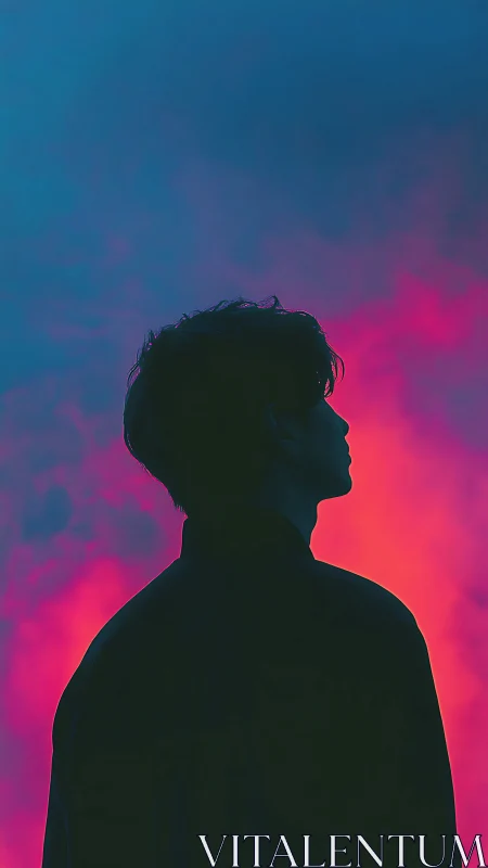 Silhouetted male profile against neon magenta cyan gradient sky.