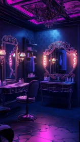 Neo-baroque vanity interior under magenta-blue neon ambience.
