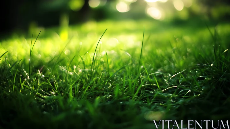 Dewy Green Grass in Soft Morning Light, Nature Photography.