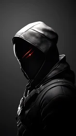 Shadow-clad cyber specter with burning crimson visor gaze.