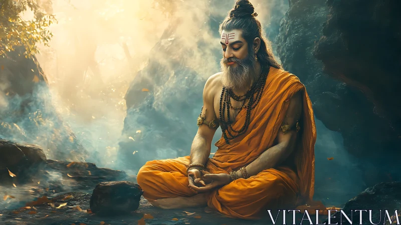 Bearded ascetic in orange robe meditating in rocky forest.