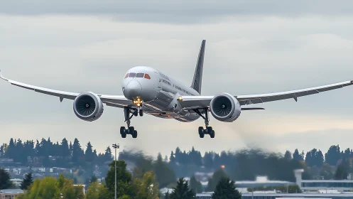 Widebody passenger jet on final approach over runway threshold.