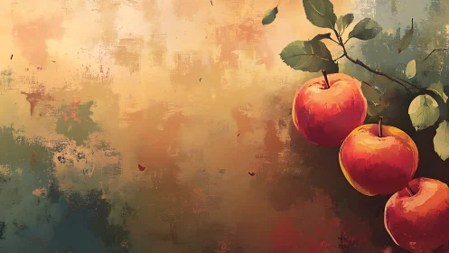 Sunlit apples on rustic branch against warm abstract field.