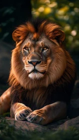 Male lion resting on rock in warm natural daylight setting.