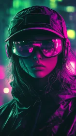 Neon cyberpunk portrait of visor-wearing street sentinel.