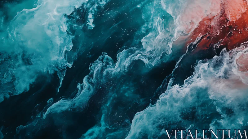 Turbulent teal and coral clouds swirl across dark water