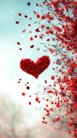 Red Heart Shaped Flowers Against Turquoise Sky.