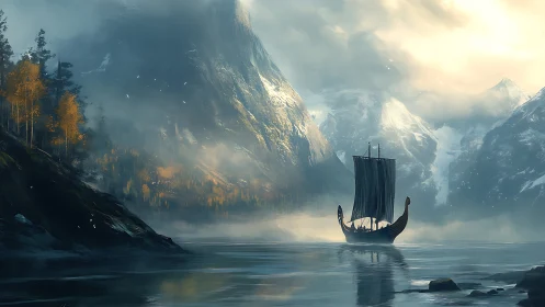 Mist-draped fjord cradles a lone Viking ship in silver dawn