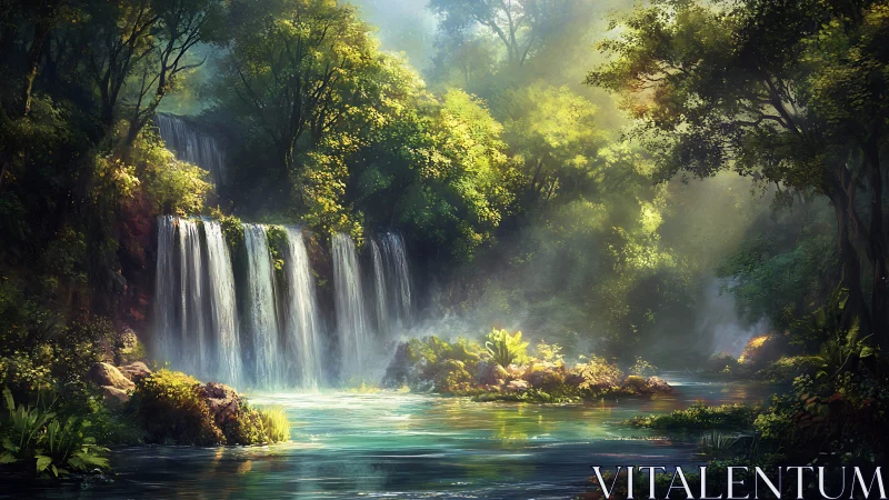 Sunlit emerald falls whisper through an enchanted forest.