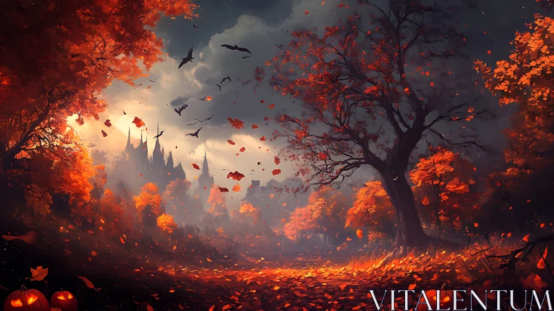 Autumn forest path with castle silhouette and scattered pumpkins.