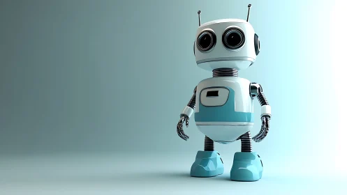 Cute teal service robot on minimal gradient stage.