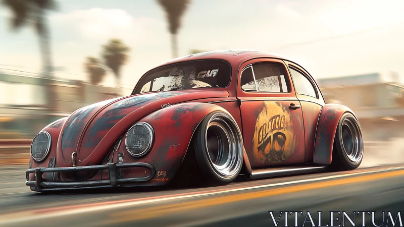 Slammed vintage Beetle races through a hazy coastal strip