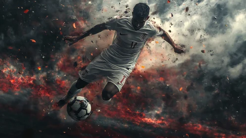 Soccer player in white kit striking ball amid smoke.