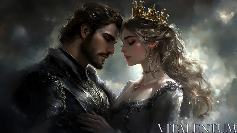 Regal Couple Embracing in Golden Ethereal Light