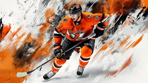 Dynamic ice hockey forward in orange uniform amid paint bursts.