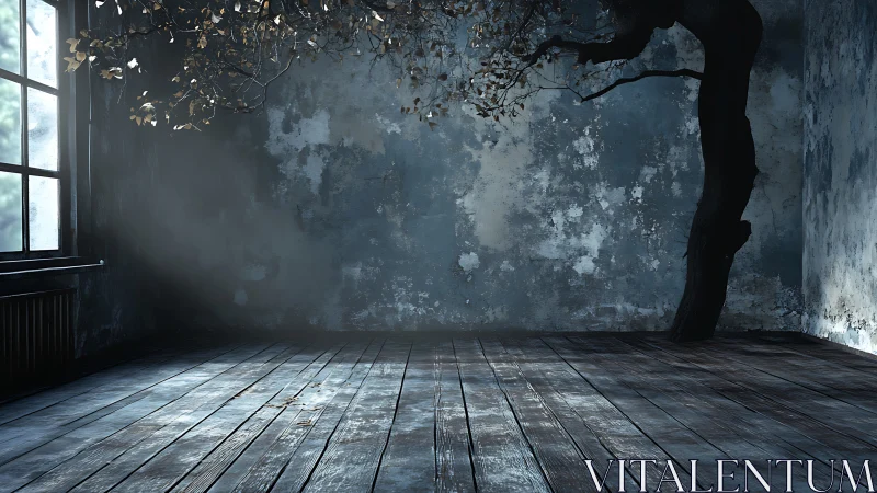 Photorealistic decay room with encroaching indoor tree form.