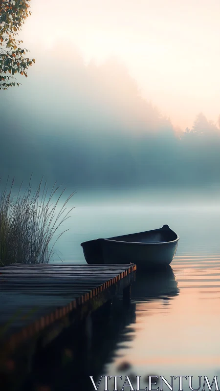 Rowboat beside wooden dock on misty reflective lake.
