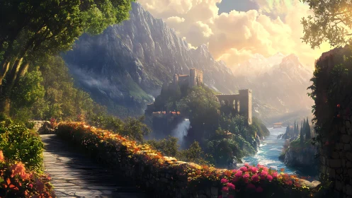 Fantasy river citadel in luminous alpine valley landscape.