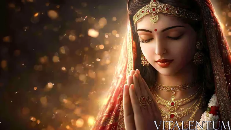 Woman in ornate red attire prays with eyes closed