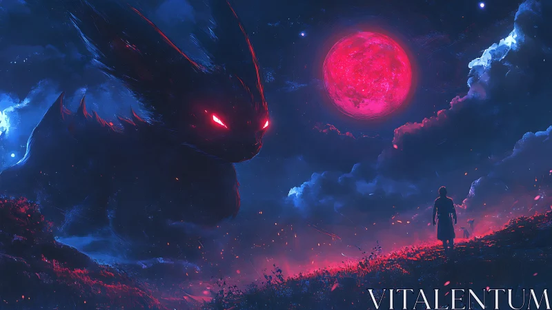 Giant shadow creature confronts lone figure under red moon.