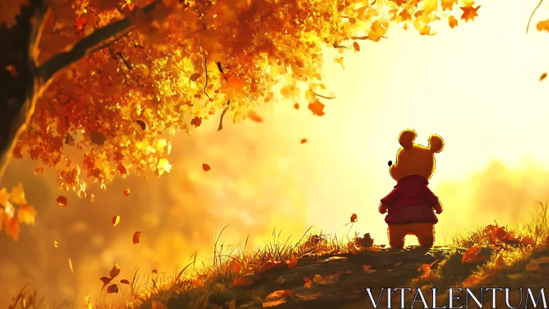 Cartoon bear under glowing autumn tree at sunset.