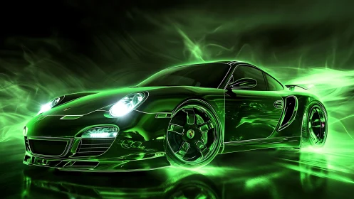 Neon-charged sports coupé in luminescent vector airflow field.